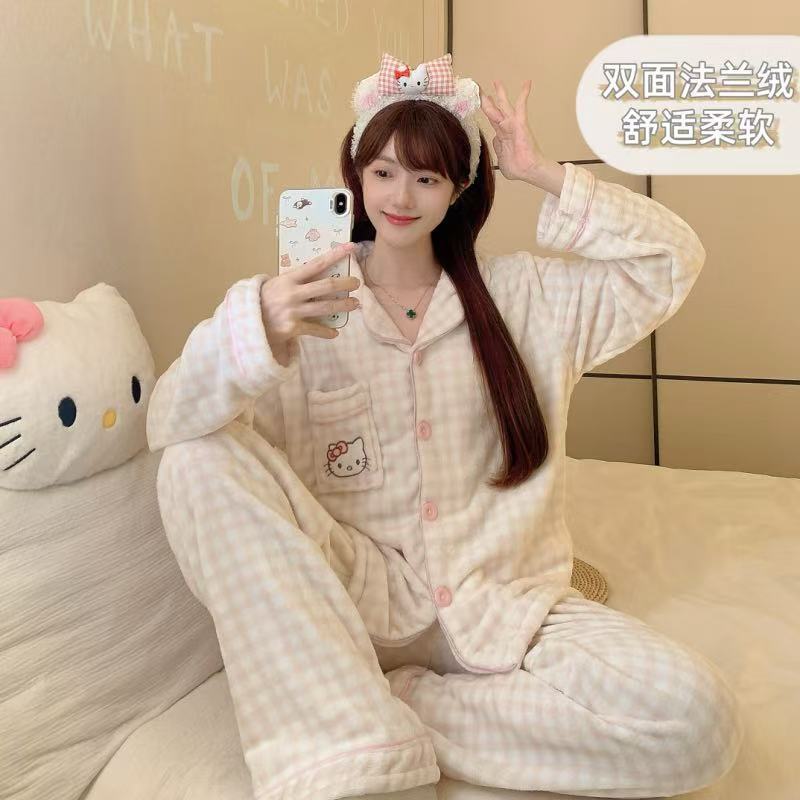 Winter Flannel Pajamas for Women, Long-Sleeved Pants Set, Thickened Cardigan, Cartoon Kt Cat Coral Velvet Home Clothes Lg - image 3