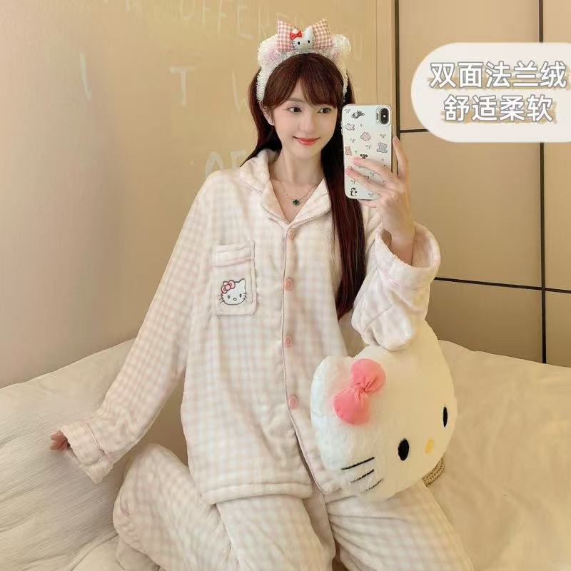 Winter Flannel Pajamas for Women, Long-Sleeved Pants Set, Thickened Cardigan, Cartoon Kt Cat Coral Velvet Home Clothes Lg - image 4