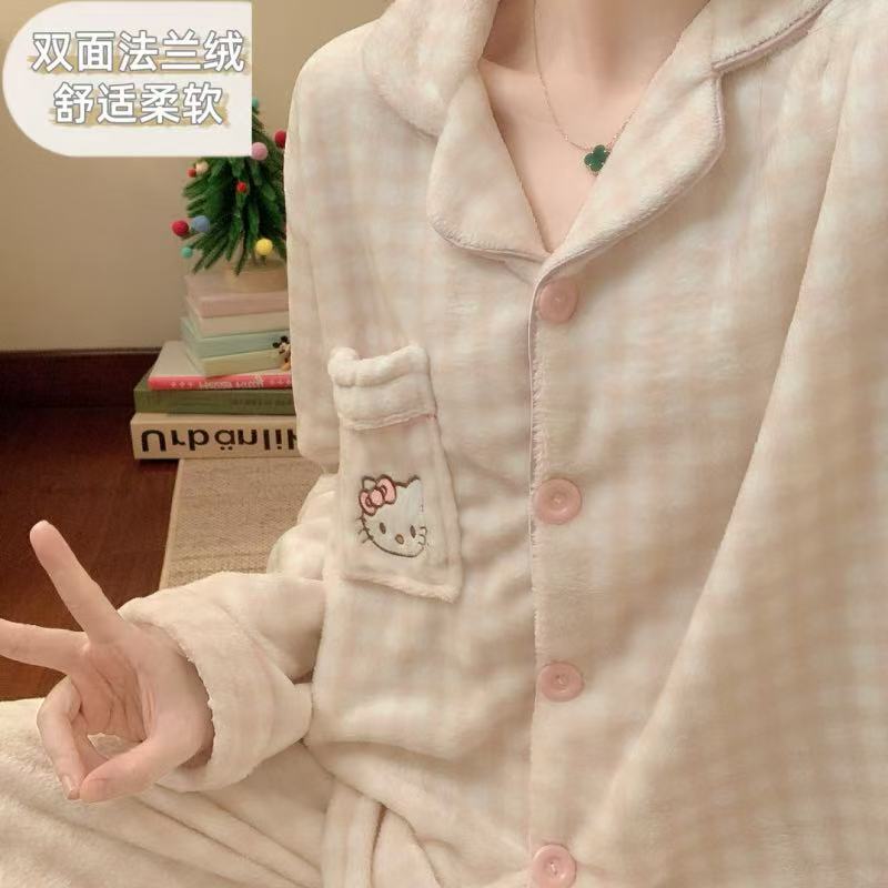 Winter Flannel Pajamas for Women, Long-Sleeved Pants Set, Thickened Cardigan, Cartoon Kt Cat Coral Velvet Home Clothes Lg - image 5
