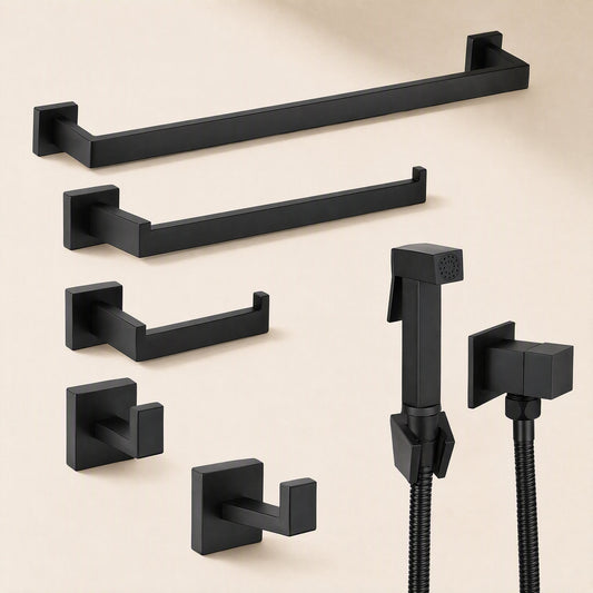 Stainless steel wall-mounted bathroom storage rack set with towel and tissue holders and hooks