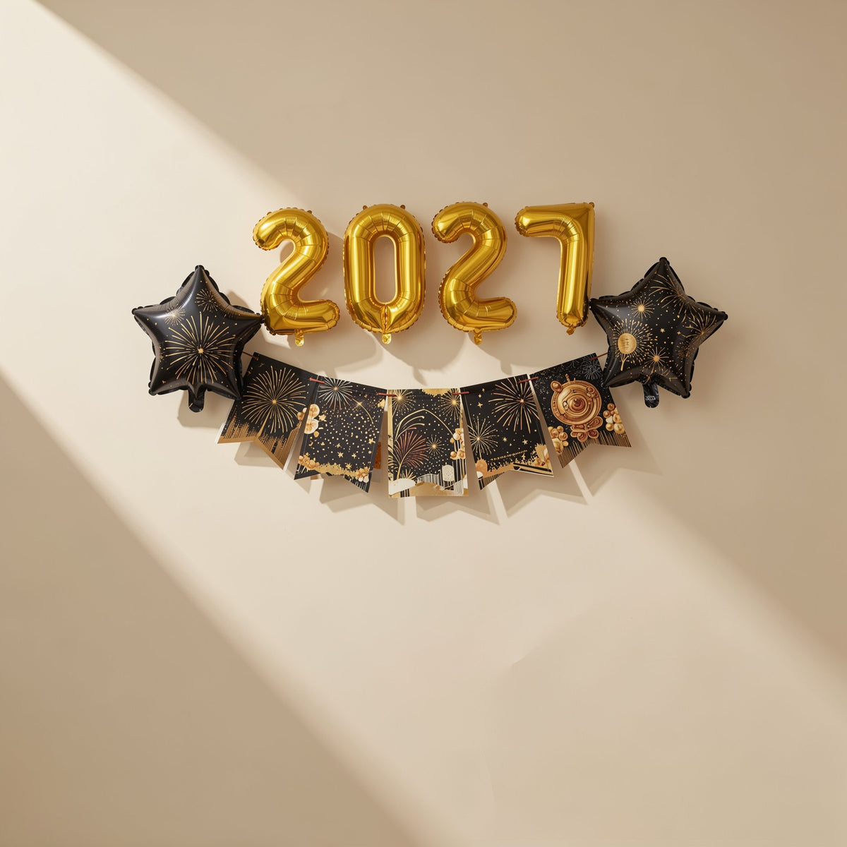 2027 New Year party decoration set with a banner, balloons, photo props, foil balloons, and black ribbons