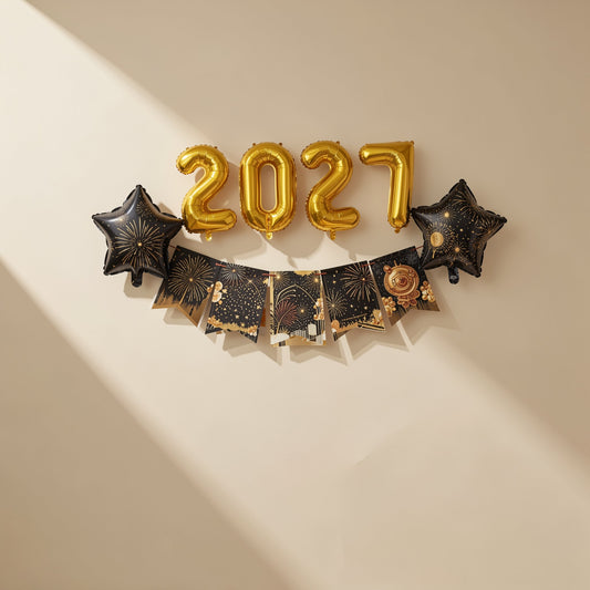 2027 New Year party decoration set with a banner, balloons, photo props, foil balloons, and black ribbons