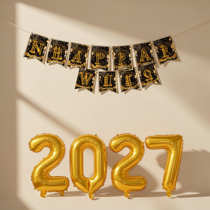 2027 New Year party decoration set with a banner, balloons, photo props, foil balloons, and black ribbons - view 3