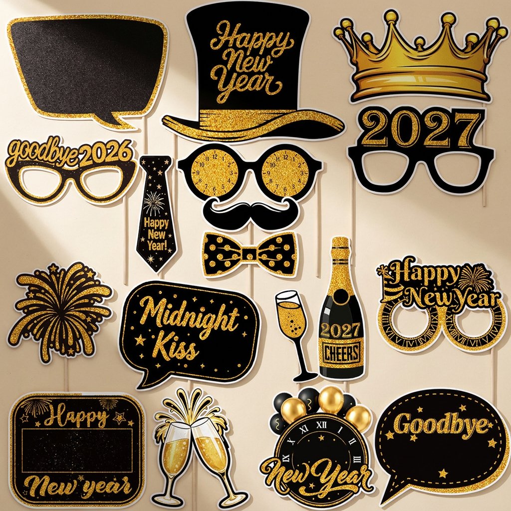 2027 New Year party decoration set with a banner, balloons, photo props, foil balloons, and black ribbons - view 5