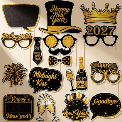 2027 New Year party decoration set with a banner, balloons, photo props, foil balloons, and black ribbons - view 5