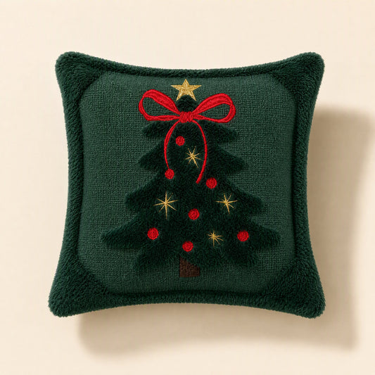 Square polyester Christmas tree pillow cover with quilted embroidery and a bow