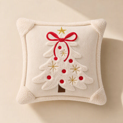Square polyester Christmas tree pillow cover with quilted embroidery and a bow - view 2