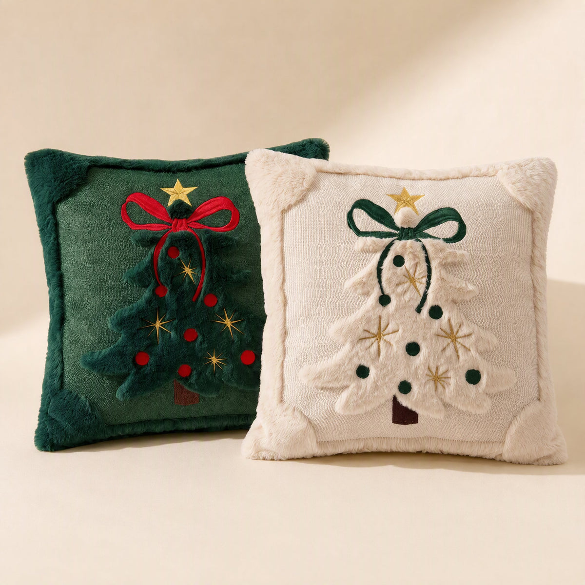 Square polyester Christmas tree pillow cover with quilted embroidery and a bow - view 3