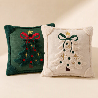 Square polyester Christmas tree pillow cover with quilted embroidery and a bow - view 3
