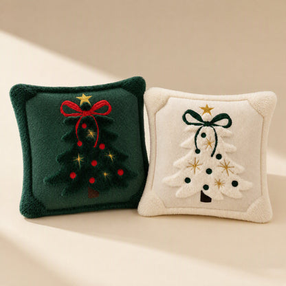 Square polyester Christmas tree pillow cover with quilted embroidery and a bow - view 4