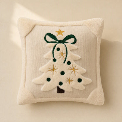 Square polyester Christmas tree pillow cover with quilted embroidery and a bow - view 5