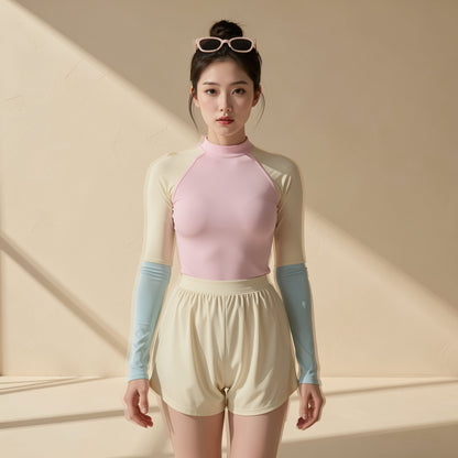 Women's long-sleeve skirt-style one-piece swimsuit with chest pads