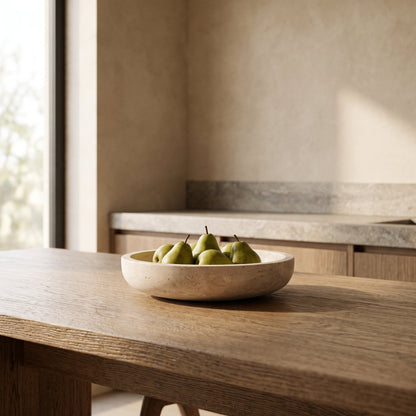 Quarry™ Marble Centerpiece Bowl with pears on a long oak table in Calm Eden style