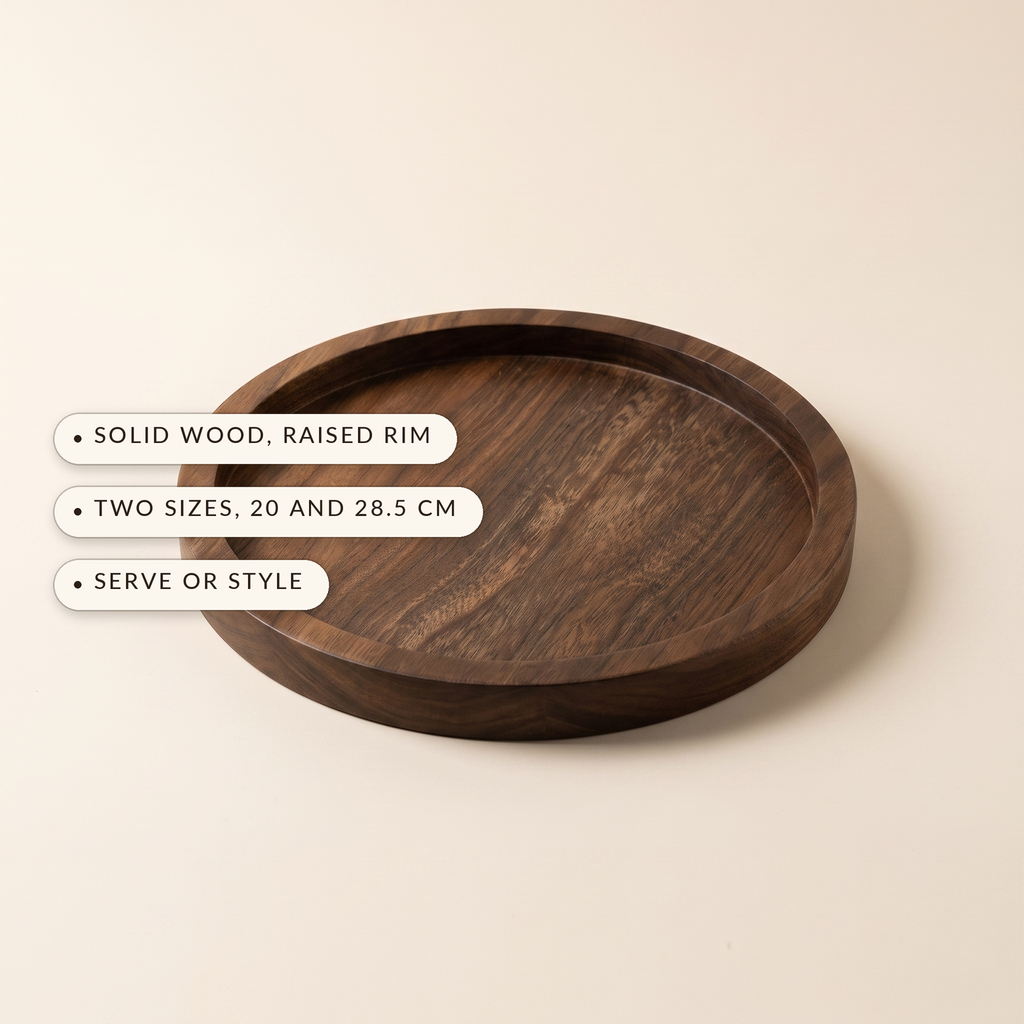 Timber™ Round Serving Tray — solid wood raised rim, two sizes, serve or style