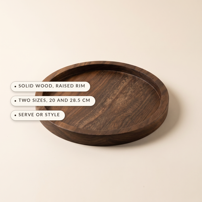 Timber™ Round Serving Tray — solid wood raised rim, two sizes, serve or style