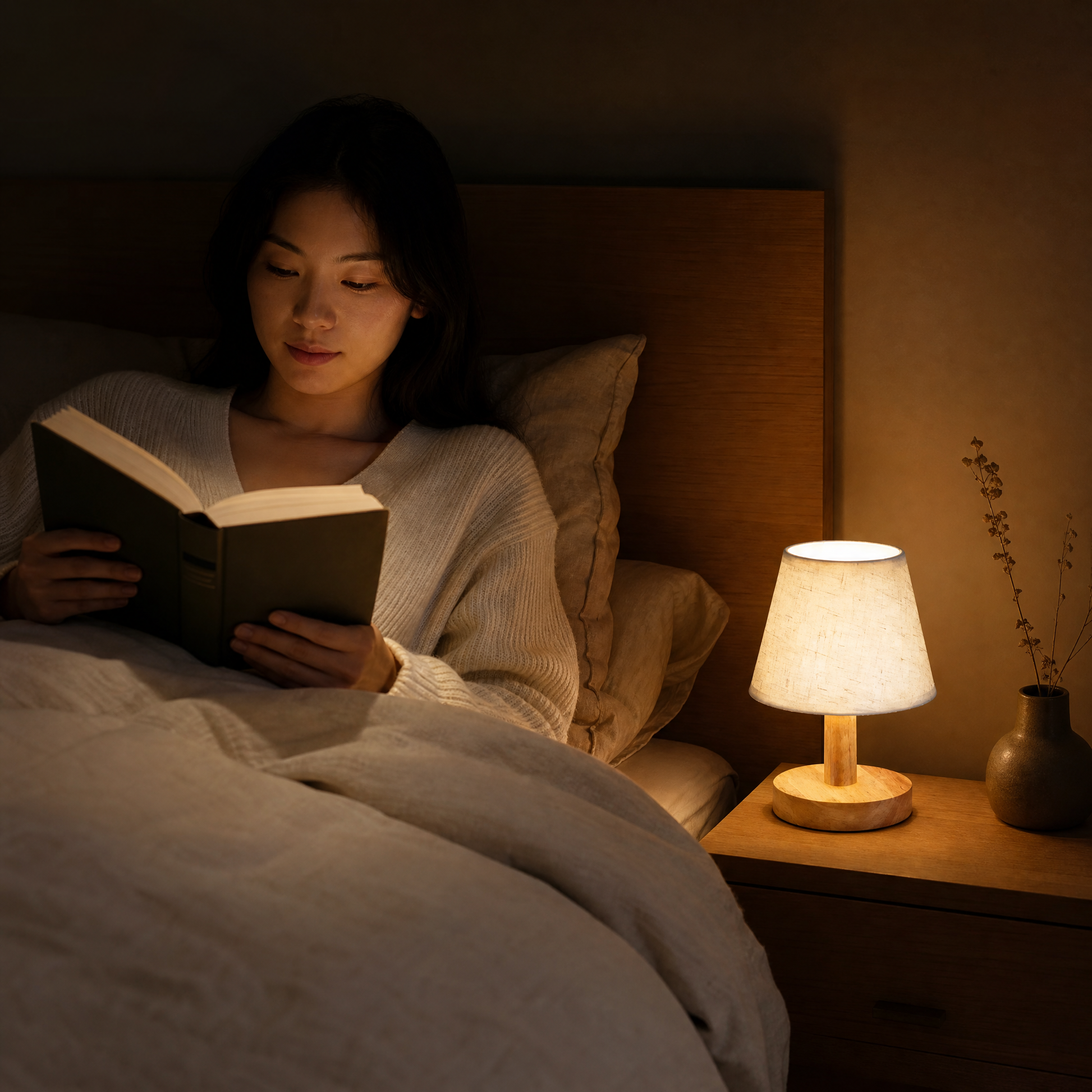 Reading in bed by the warm light of the Glow lamp