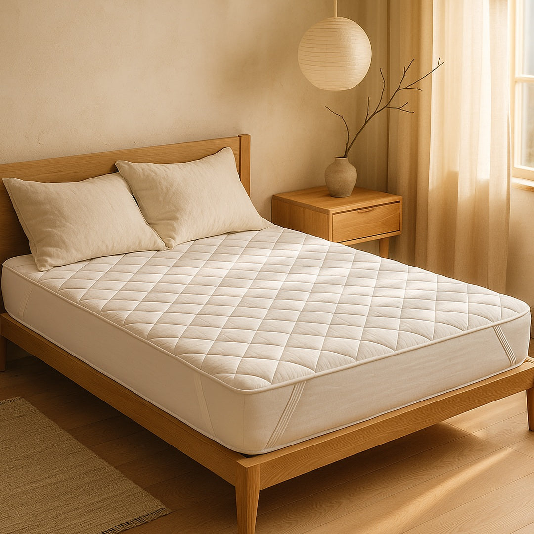 White quilted mattress protector fitted on an oak platform bed in a Japandi bedroom