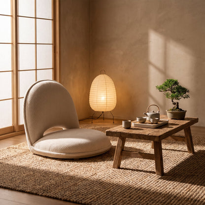 Tatami™ Floor Chair at a low tea table in a warm Calm Eden-style corner