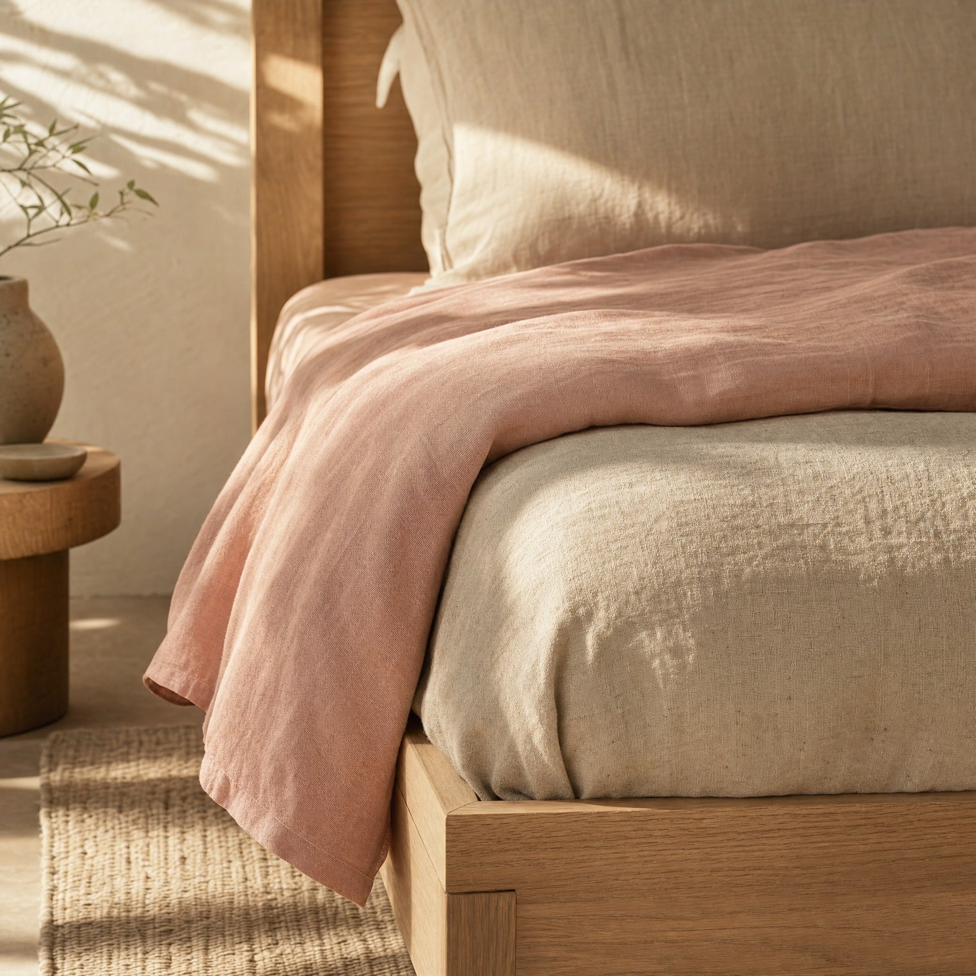 Blush linen sheet turned down over oatmeal duvet, bed corner detail