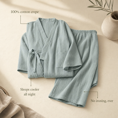 Yukata set benefits: cotton crepe, sleeps cooler, no ironing