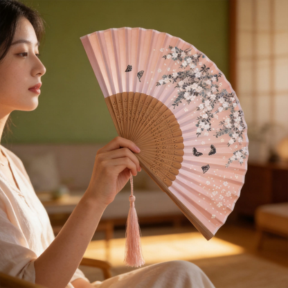 Woman fanning herself with the Sakura™ Silk Hand Fan