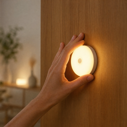 Hand mounting the Halo puck onto a wardrobe panel