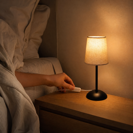 Hand adjusting the Wisp lamp's inline dimmer switch from bed