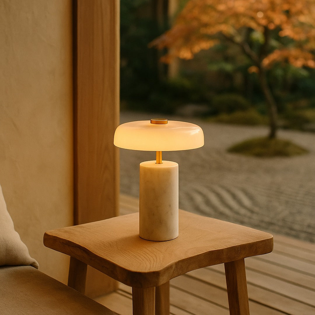 Roam lamp lighting an oak side table on an engawa deck at golden hour