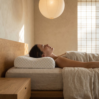 Back sleeper resting with her neck on the wave lobe of the Wave™ Contour Memory Pillow