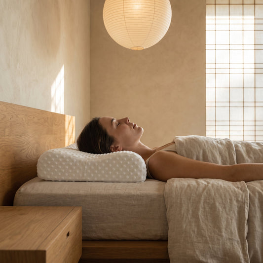Back sleeper resting with her neck on the wave lobe of the Wave™ Contour Memory Pillow