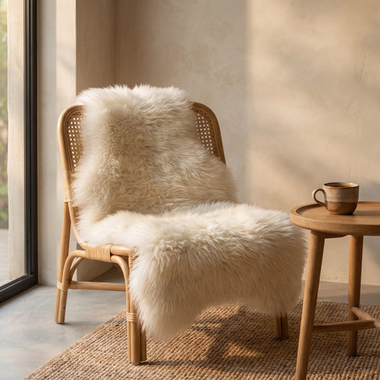 Fleece™ Faux Sheepskin Throw draped over a rattan chair in a warm Calm Eden-style corner