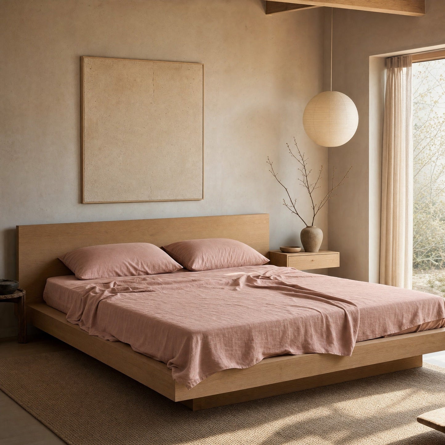Blush linen flat sheet on oak platform bed in Japandi bedroom