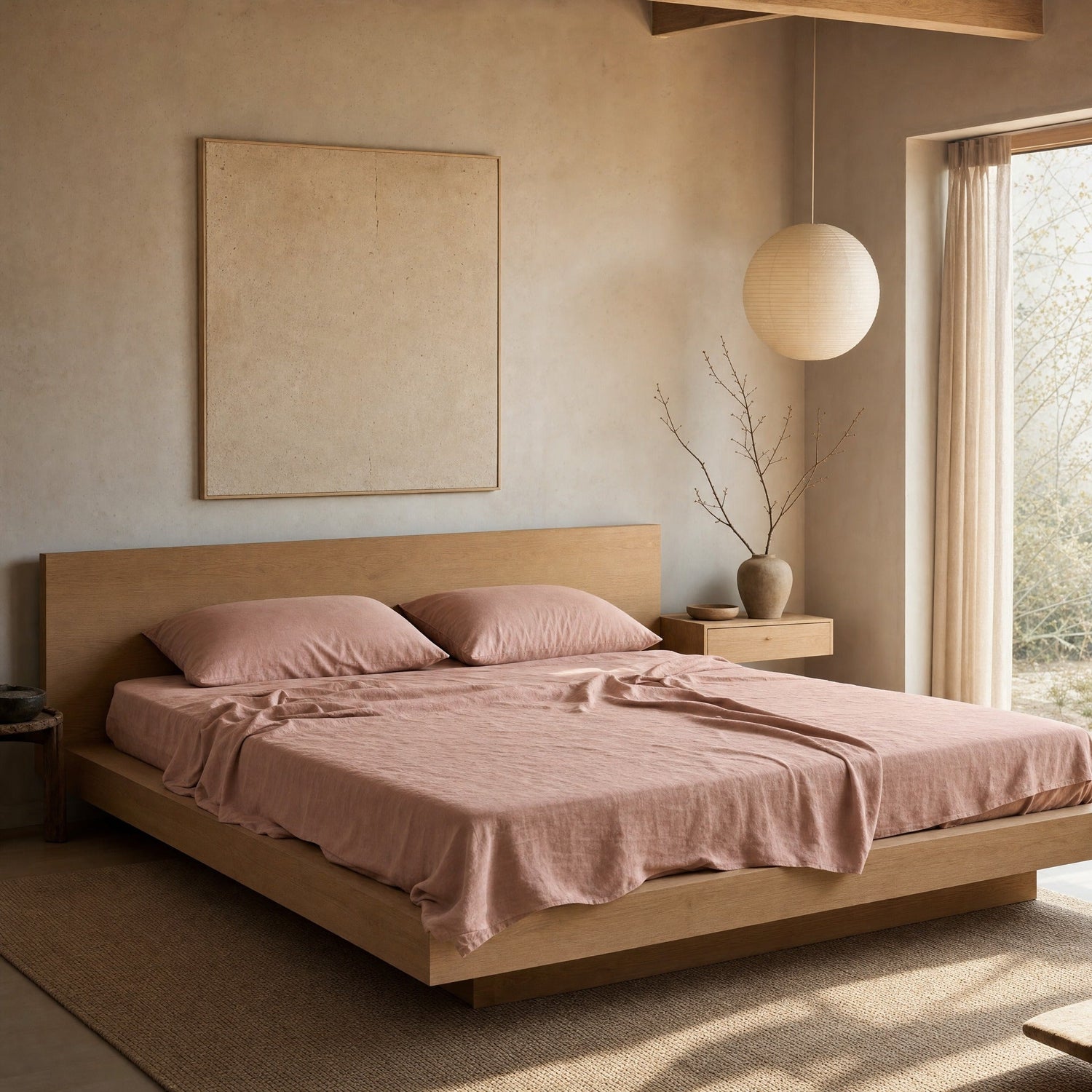 Blush linen flat sheet on oak platform bed in Japandi bedroom