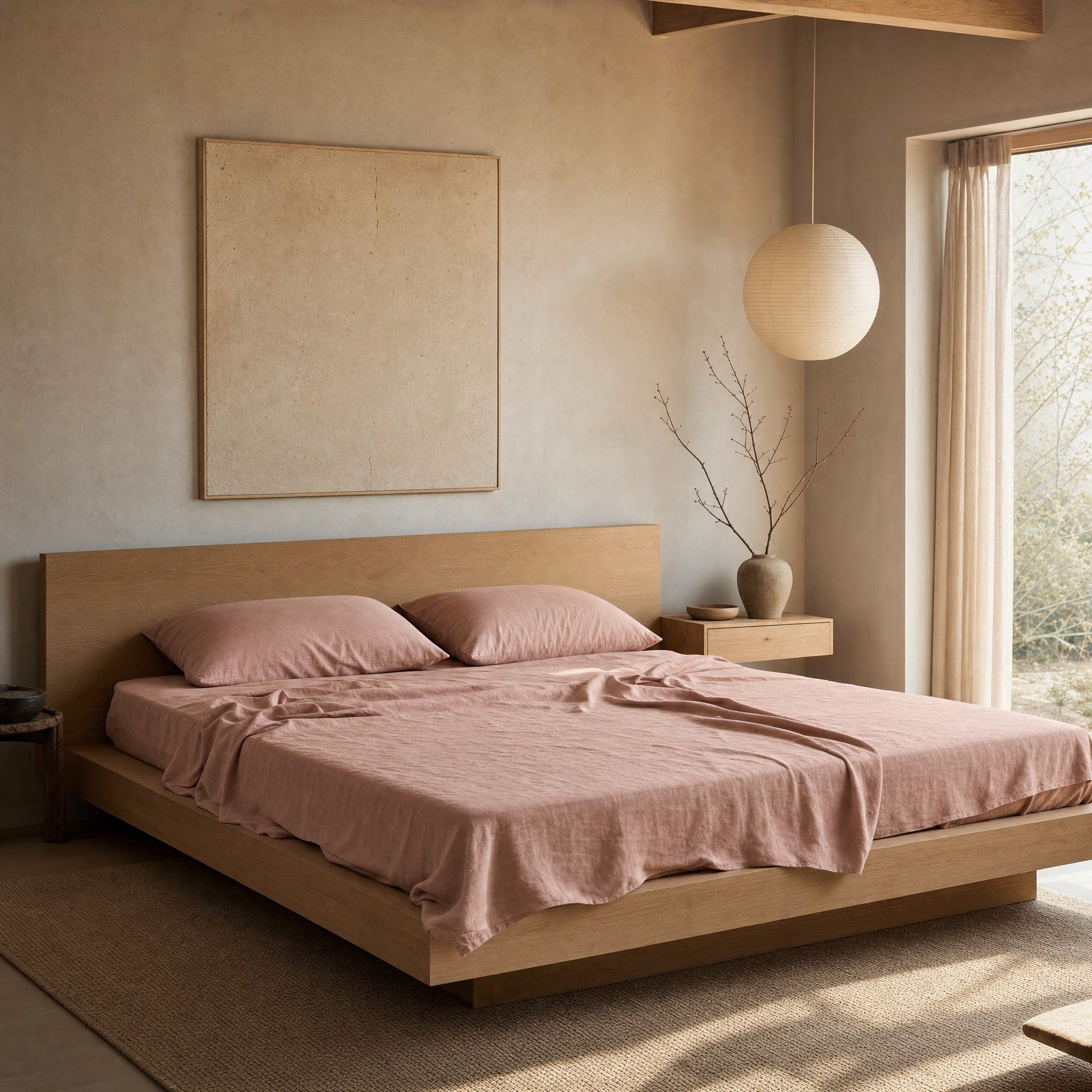 Blush linen flat sheet on oak platform bed in Japandi bedroom