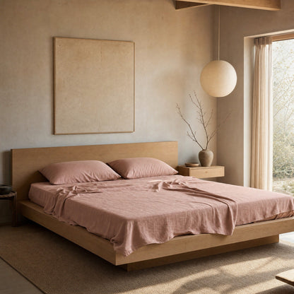 Blush linen flat sheet on oak platform bed in Japandi bedroom