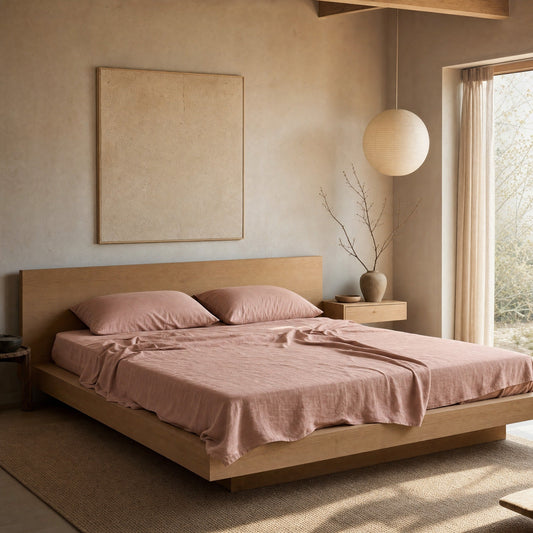 Blush linen flat sheet on oak platform bed in Japandi bedroom