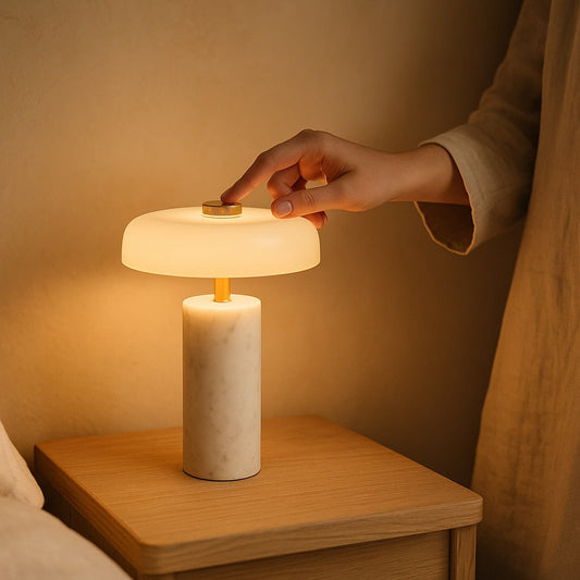Hand dimming the Roam lamp with a touch of the brass knob
