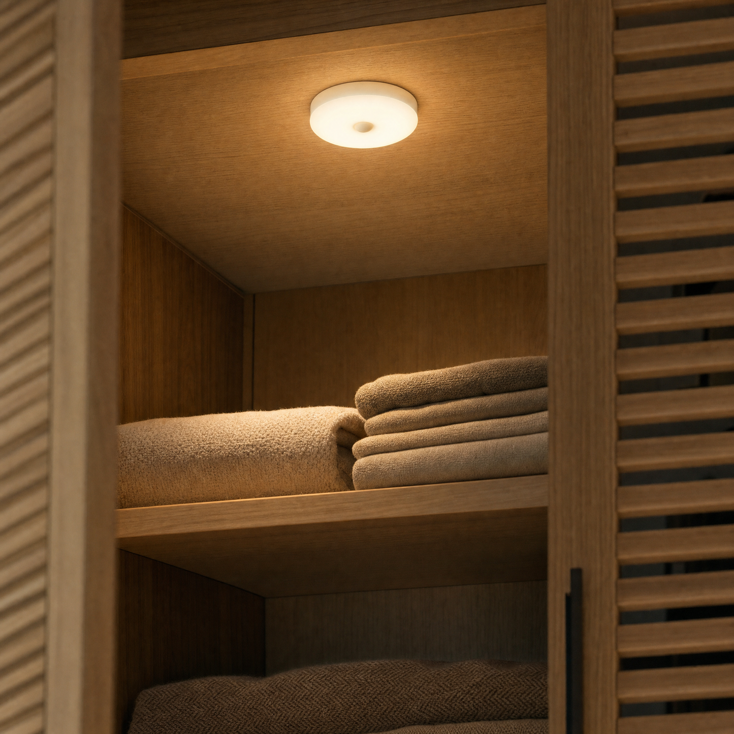Halo light glowing over folded linens inside an oak wardrobe