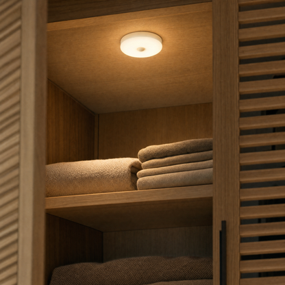 Halo light glowing over folded linens inside an oak wardrobe