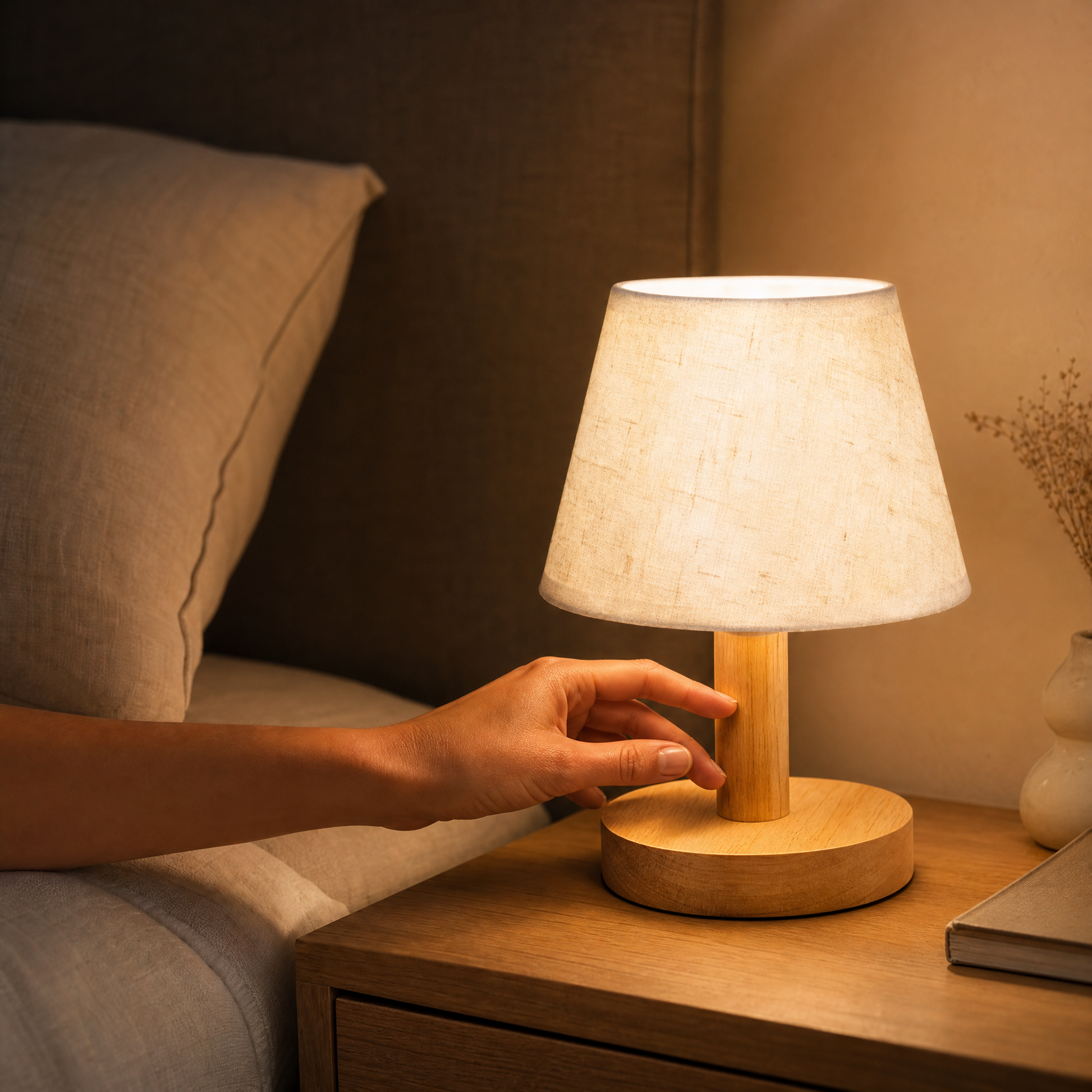Hand switching on the Glow lamp at the bedside