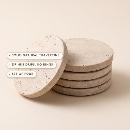 Strata™ Travertine Coaster Set — solid natural travertine, drinks drips no rings, set of four