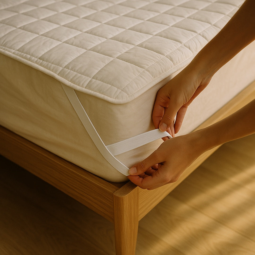Hands stretching the elastic corner strap over the mattress corner