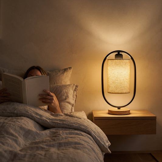 Reading in bed by the black Hoop™ Lantern Table Lamp