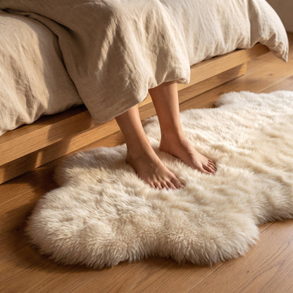 Bare feet landing on the cream Plume™ Plush Bedside Rug in the morning