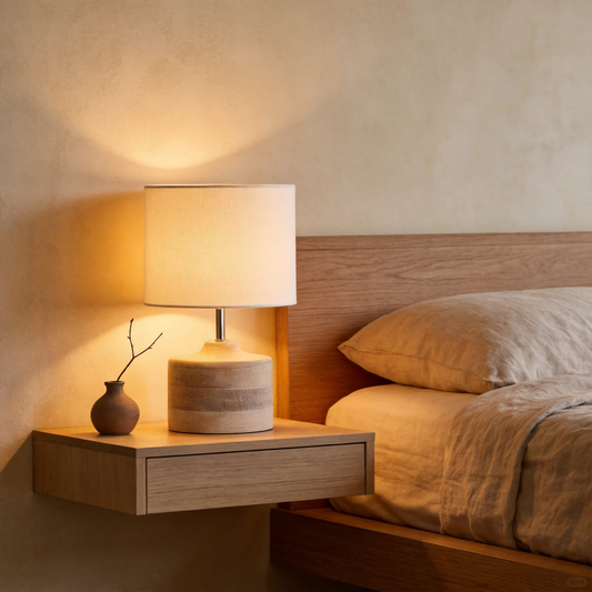 Grain™ Wood Table Lamp glowing on a floating oak nightstand in a warm Japandi bedroom