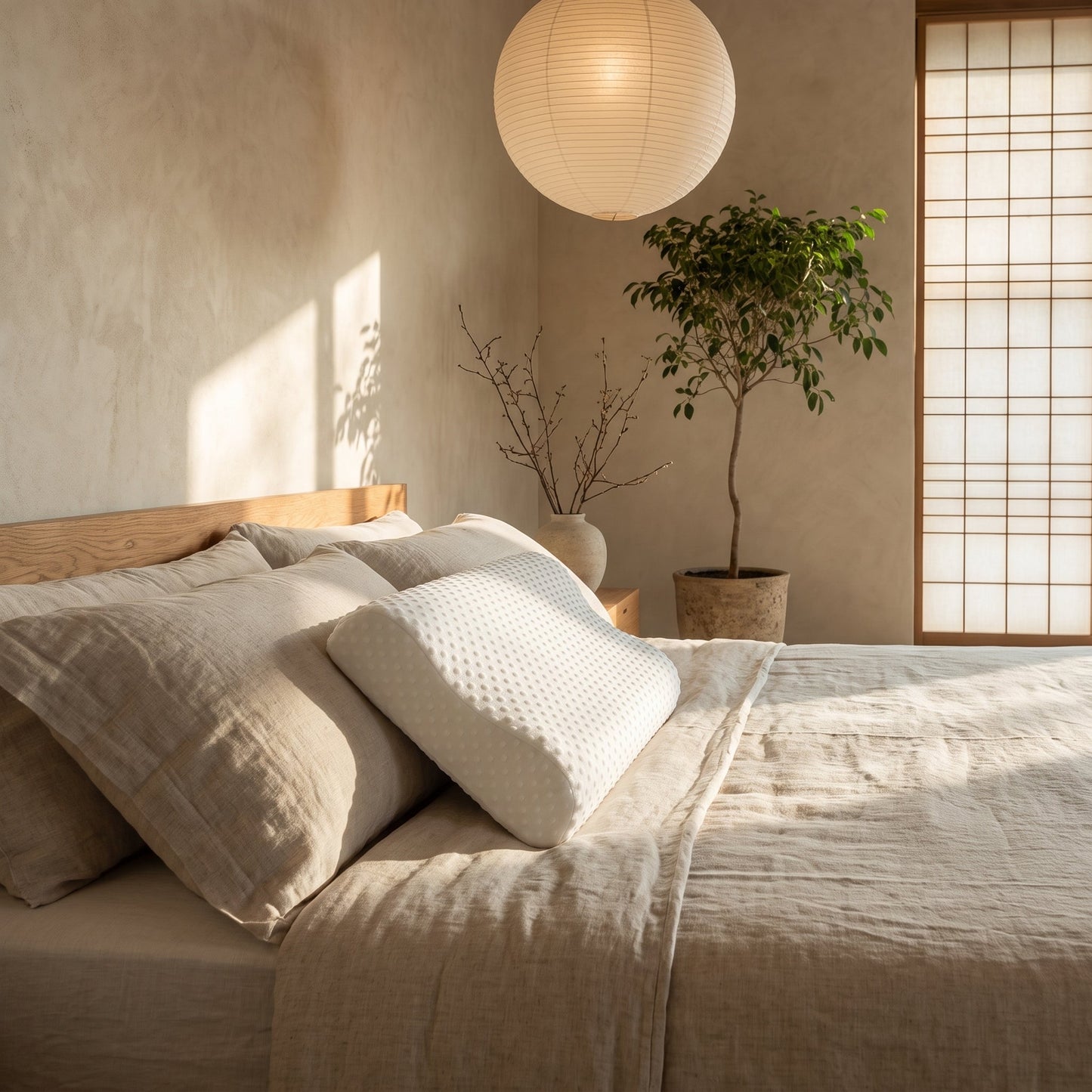 Wave™ Contour Memory Pillow on the oak platform bed in the Calm Eden bedroom