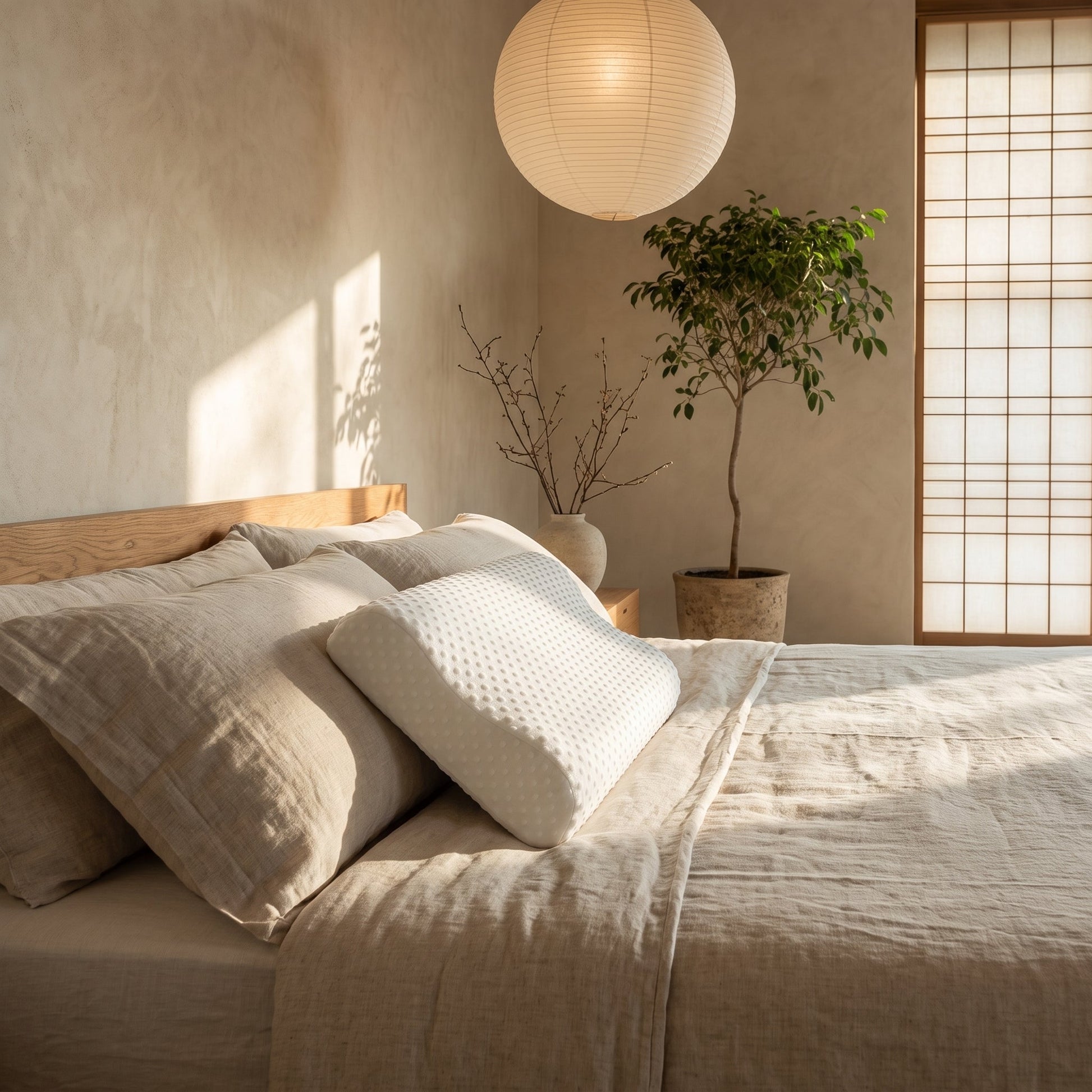 Wave™ Contour Memory Pillow on the oak platform bed in the Calm Eden bedroom
