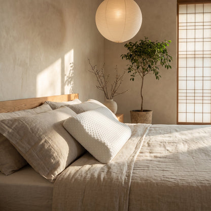 Wave™ Contour Memory Pillow on the oak platform bed in the Calm Eden bedroom