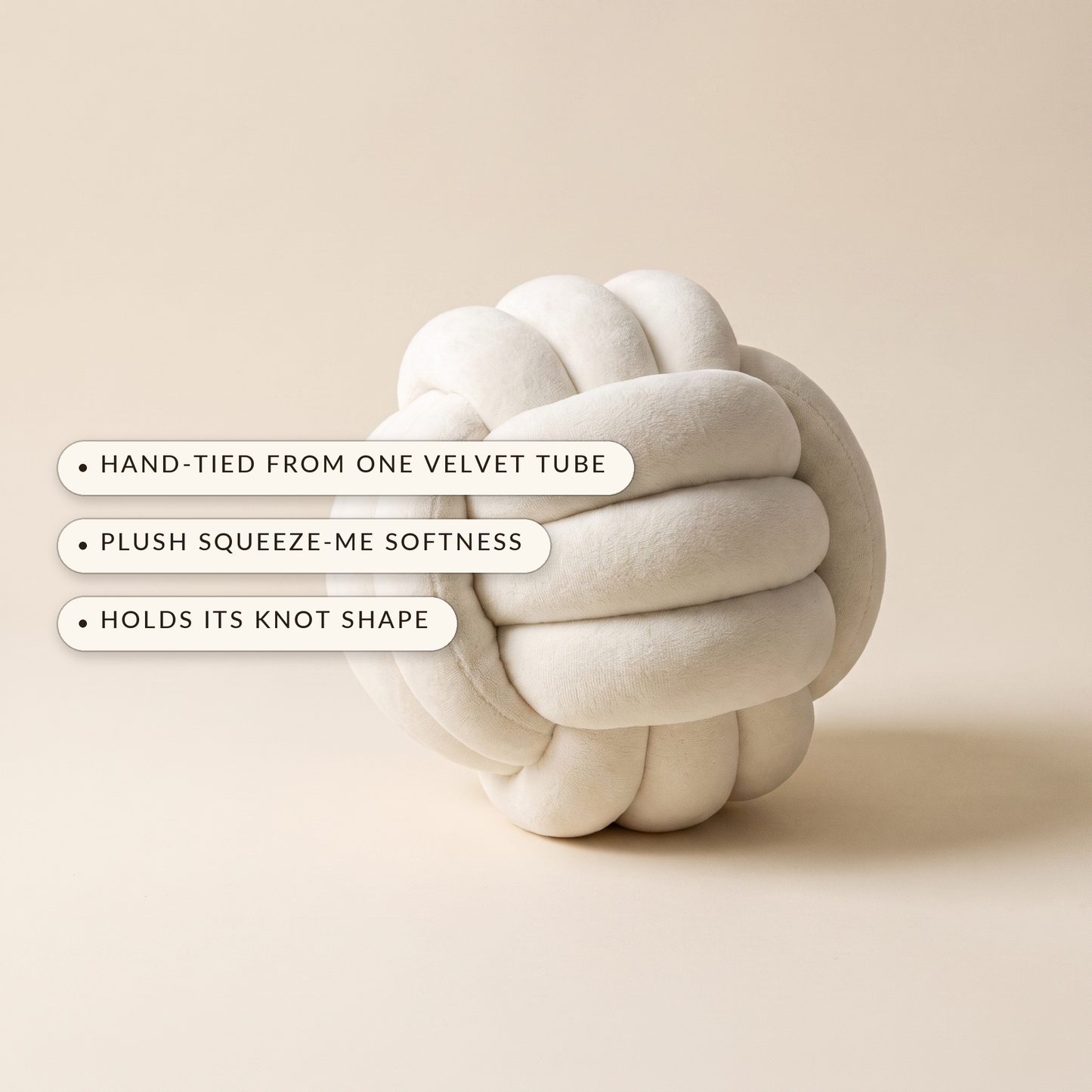 Knot™ Velvet Ball Cushion — hand-tied from one velvet tube, plush softness, holds its knot shape