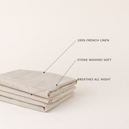 Flax linen callout: 100% French linen, stone-washed soft, breathes all night
